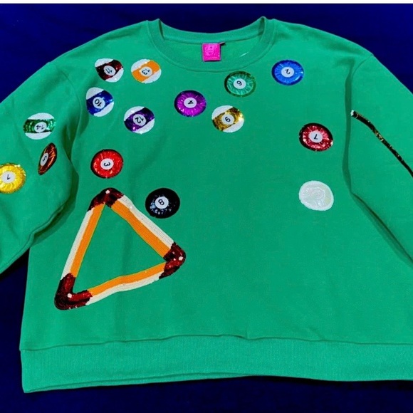 🎱NWOT Queen Of Sparkles M (Oversized) Sequined Green Pool Table Sweatshirt EUC - Picture 2 of 7